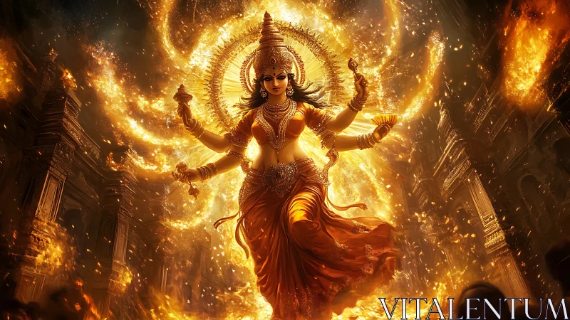 Hindu goddess figure in fiery temple environment digital art.