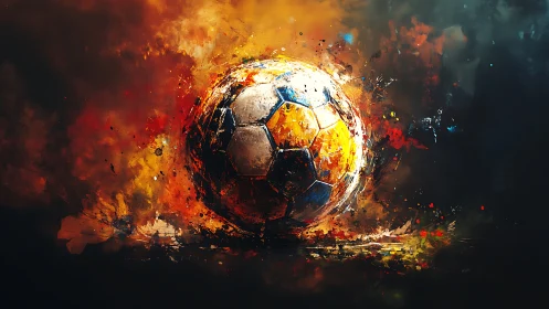 Exploding soccer ball ignites abstract fiery motion field.