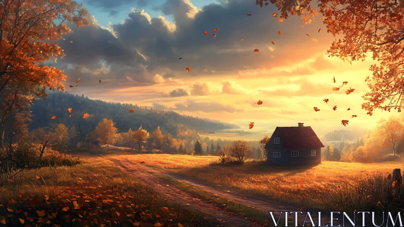 Autumn farmhouse glows under stormlit golden evening sky.
