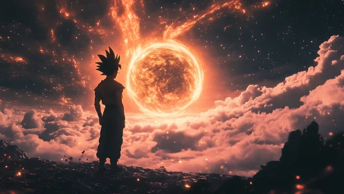 Celestial energy sphere illuminates silhouetted warrior figure