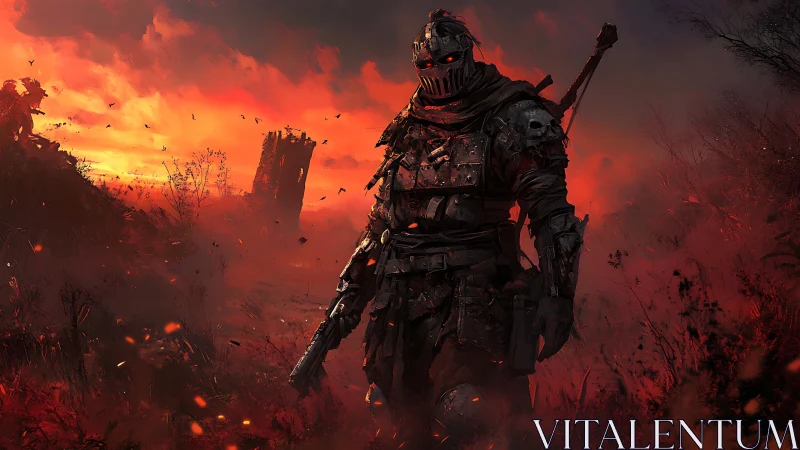 Post apocalyptic armored ranger under burning red sunset