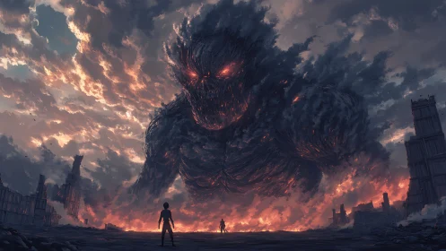 Colossal smoke titan looms over burning postwar cityscape