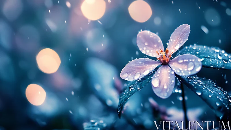 Dewdrop Reverie: Petals Caught in Rain's Luminous Dance.