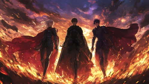 Epic anime trio in flaming battlefield composition at dusk.