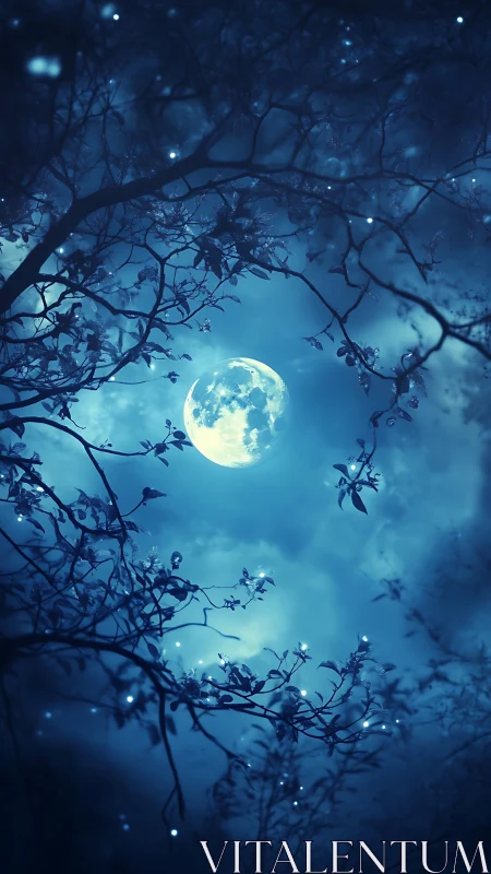 Moonlit branches whisper in a dreamy midnight sky.