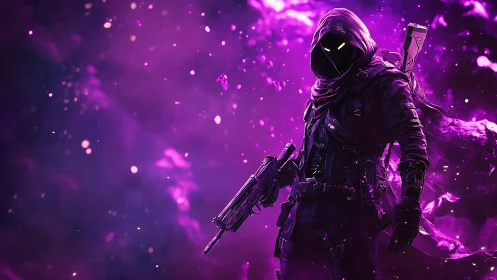 Mystic hooded warrior strides through vivid violet battle haze