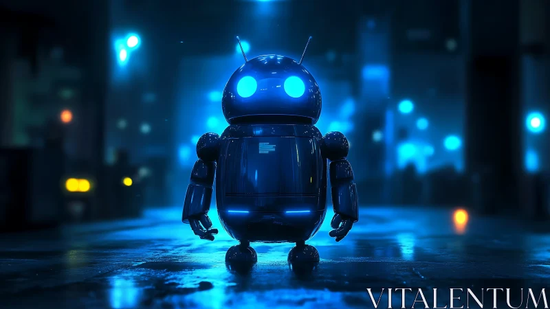 Small illuminated robot in wet urban night environment.