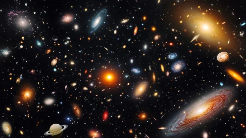 Vast cosmic field of galaxies, stars, and distant planets.
