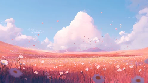 Cottoncloud prairie under wandering petals at sunset hush.