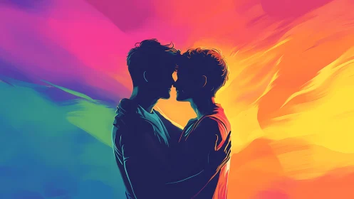 Two Silhouettes Ablaze Where Rainbow Passion Ignites the Twilight
