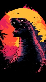 Sunset roar with a towering neon kaiju guardian.