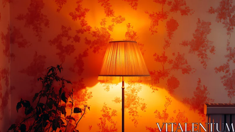 Floor lamp illuminating patterned wall in warm light.