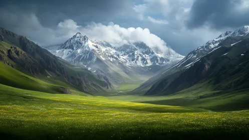 Stormlit alpine valley glows beneath brooding snow peaks.
