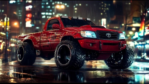 Lifted red pickup truck under neon city rain at night.