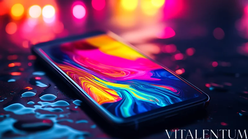 Neon-lit smartphone rests on wet surface in vivid color glow.