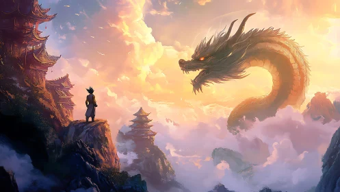 Human figure facing serpentine dragon above clouded temples.