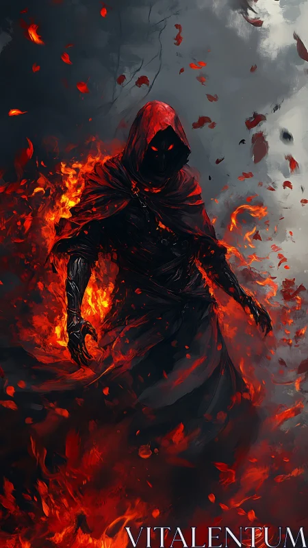 Hooded fire wraith in dynamic red-black digital painting.