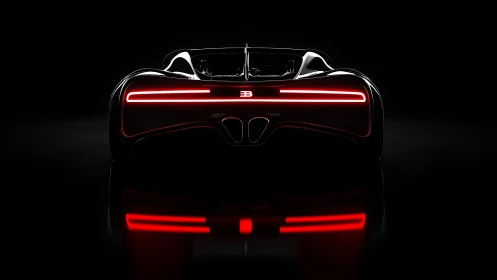 Rear view of illuminated hypercar in dark studio setting.