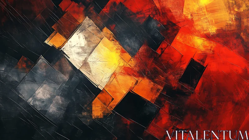Abstract geometric painting with fiery red and orange tones.