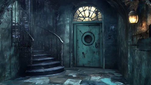 Rusted metal door in narrow stone corridor with spiral stairs.