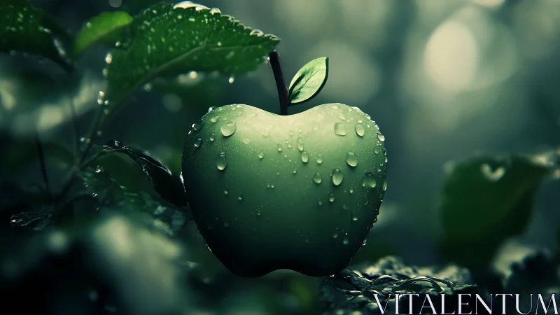 Heart shaped forest apple glows softly after silver rain