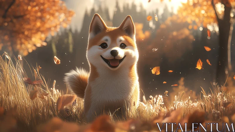 Smiling shiba inu dog sits in warm autumn forest meadow.