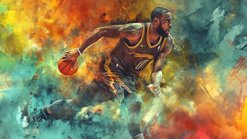 Basketball player in motion amid abstract color field.