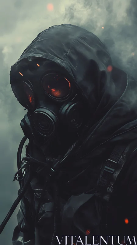 Hooded gas mask wanderer in smoky post apocalyptic storm.