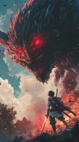 Swordsman confronts massive red-eyed beast in burning forest