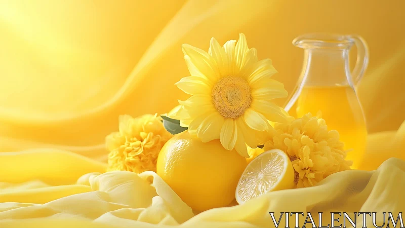 Yellow flowers, lemons and glass jug form monochrome still life