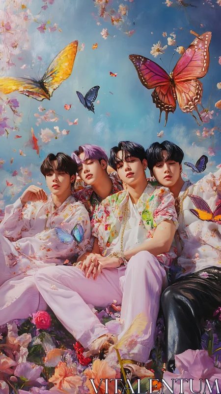 Pastel boyband daydream in a skyrocketing butterfly bloomstorm.
