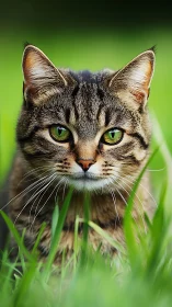 Tabby Cat with Green Eyes in Grass