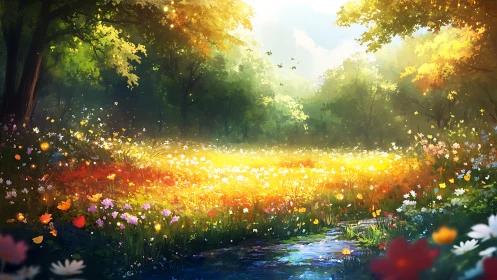 Sunlit wildflower meadow glows under lush forest canopy.