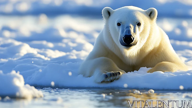 Snowlit polar monarch resting on a sun-dusted ice mirror.