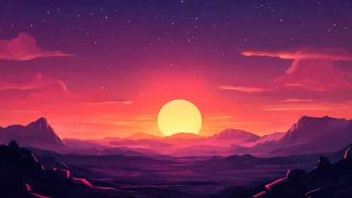 Digital landscape with stylized sunset over distant mountains.