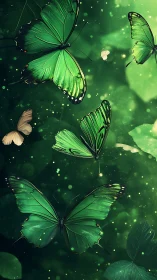 Green butterflies in dense luminous forest background scene.