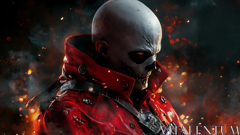 Flaming skull soldier stands in embers of a shattered battlefield