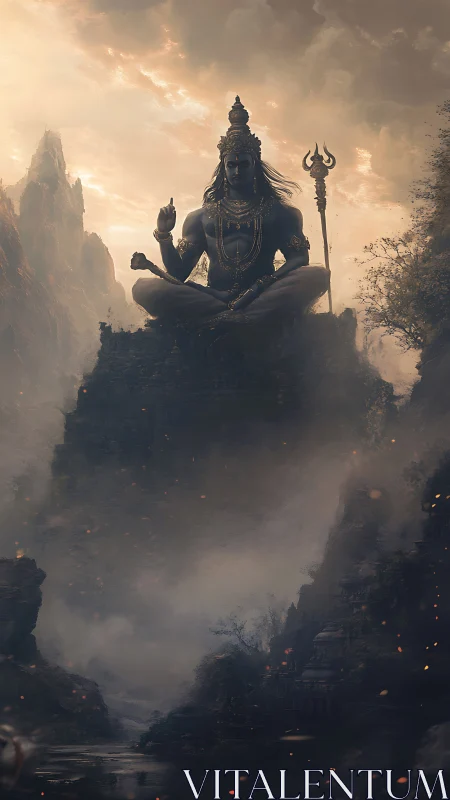 Mountainous seated deity figure above misted river valley.