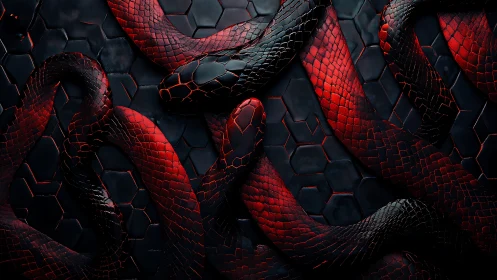 Interlaced red-black serpents coil over hexagonal matte tiles