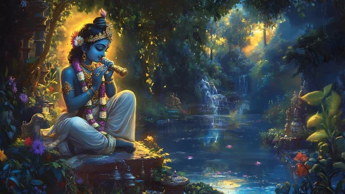 Blue-skinned flute player in lush river landscape scene.