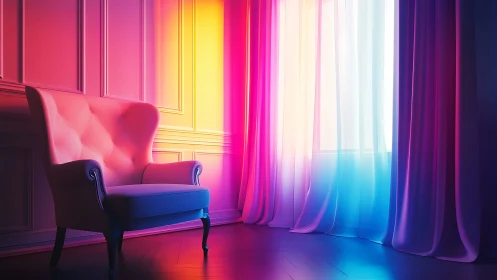 Cozy armchair in a dreamy rainbow-lit window nook.