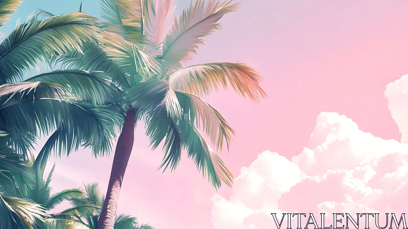 Tropical Palm Fronds Against Pink Sky with Cumulus Clouds.