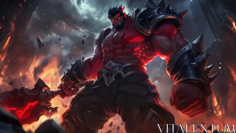 Red armored warrior with axe in molten rocky landscape.