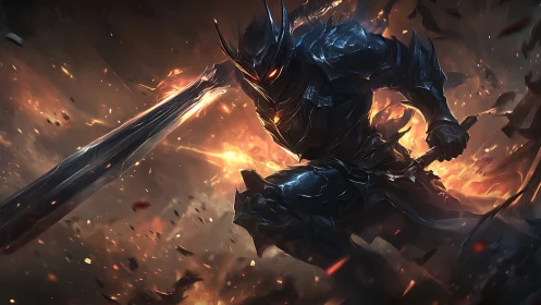 Dark armored warrior lunges through fire with huge sword.