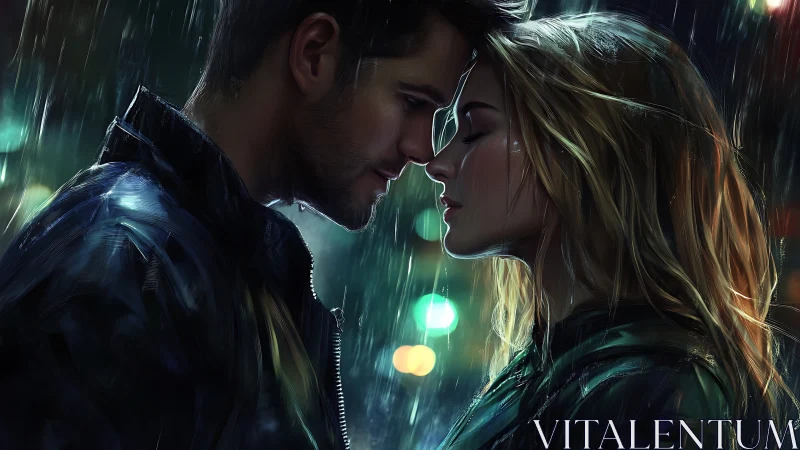 Digital Rendering of Two Figures in Rain with Advanced Lighting Effects