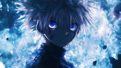 Backlit anime boy with luminous blue eyes and nebula-like bokeh field