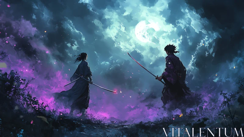 Two samurai duel under moonlit sky with glowing mist