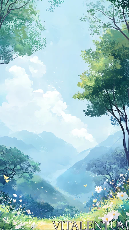 Mountain valley landscape with wildflowers and bright sky.