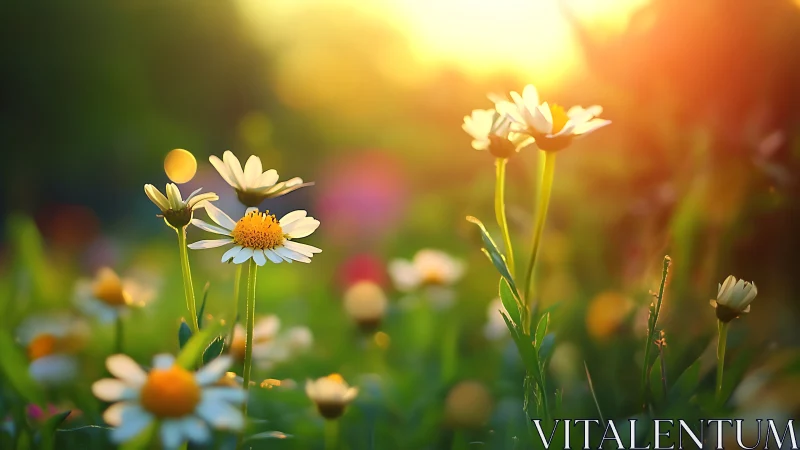 Shallow depth field daisy composition with warm bokeh rendering and chromatic intensity gradation