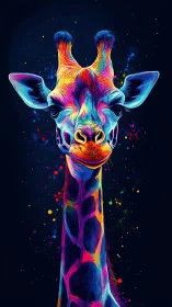 Neon spectrum giraffe portrait against deep cosmic void.